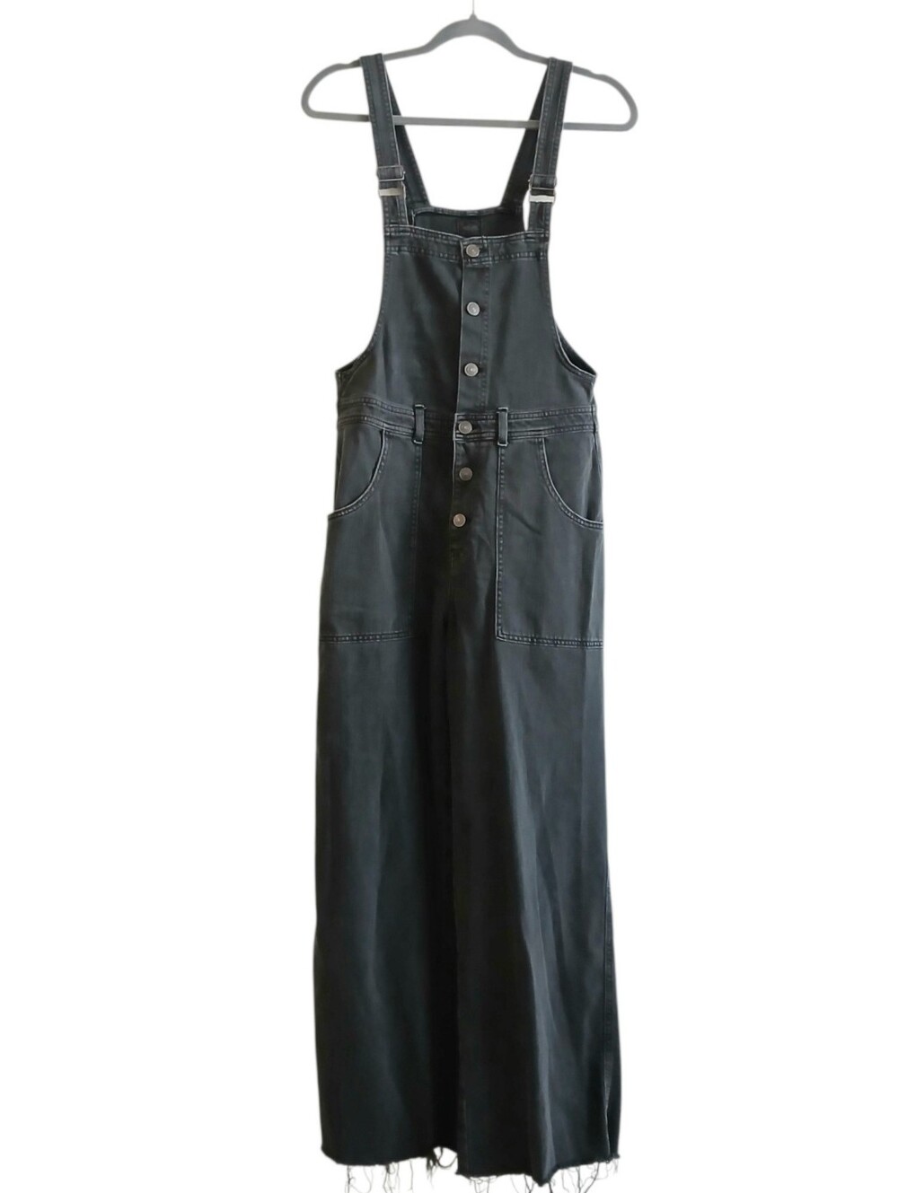 AERIE Wide Leg Overalls Jumper Women's S Gray Raw Hem Relaxed Fit Button Front